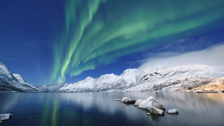Green Aurora Borealis at Jokulsarlon, Tromso, Norway