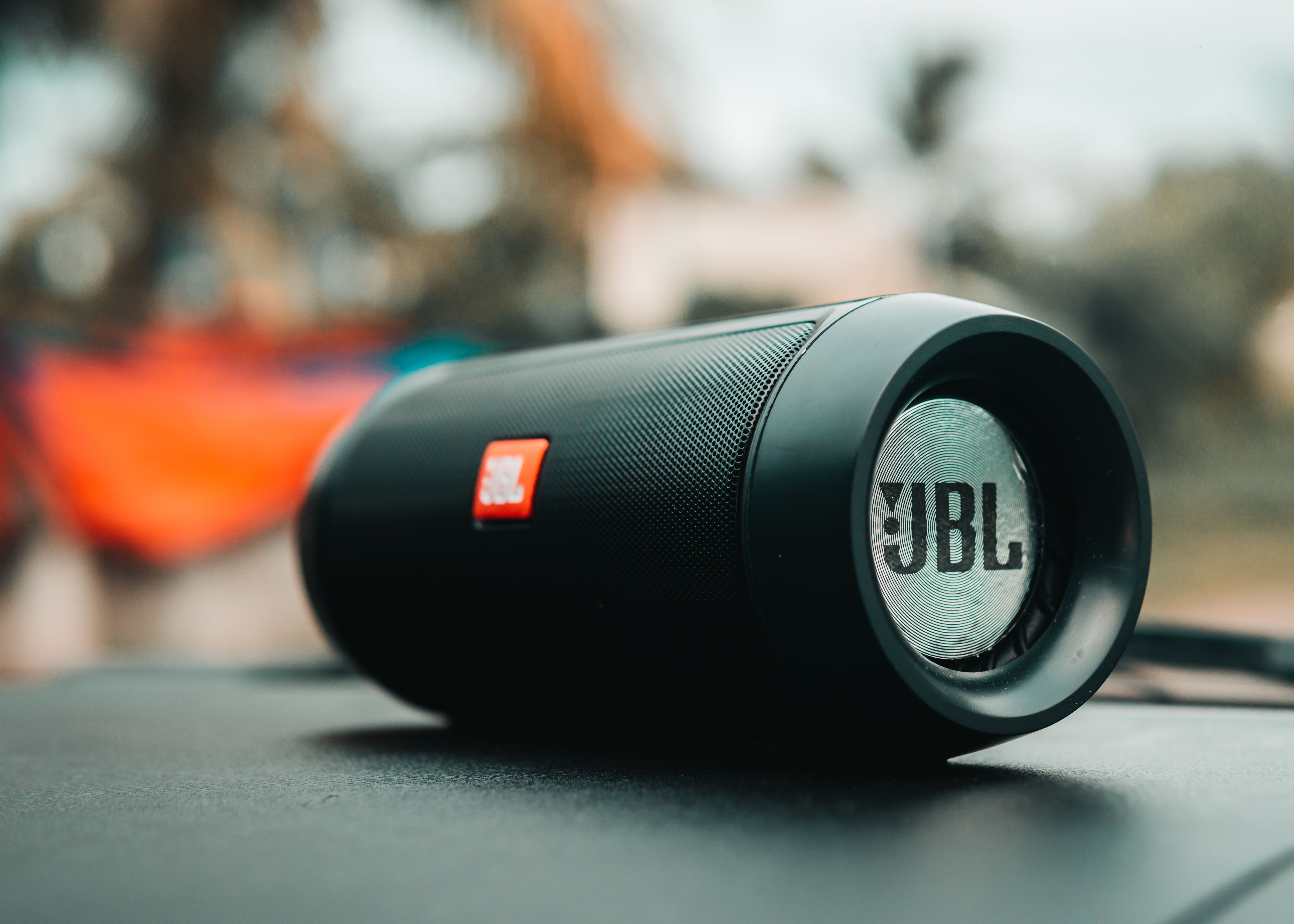 Portable black speaker for an outdoor home music setup